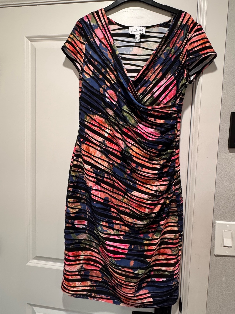 Joseph Ribkoff Navy Dress with Pink, Coral & Green Floral Stripes